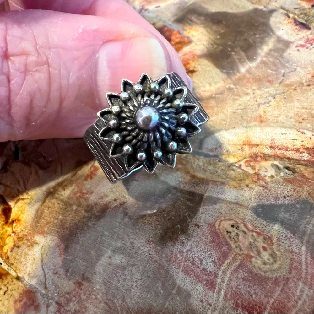Sterling Silver Rustic Flower Ring Size 7 Handmade
